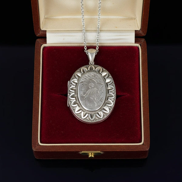 Antique Engraved Silver Heron Bird Locket Necklace