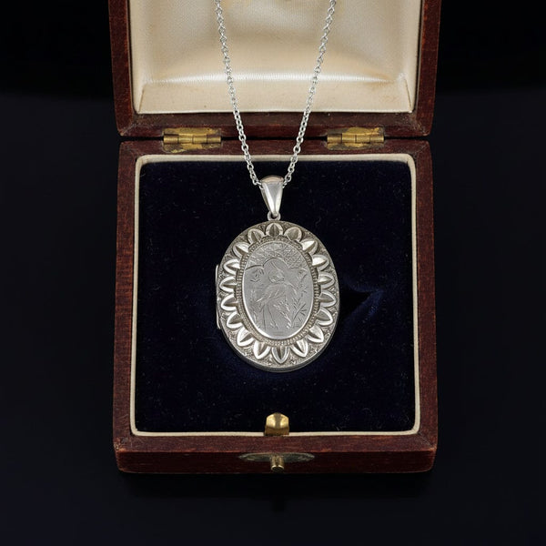 Antique Engraved Silver Heron Bird Locket Necklace