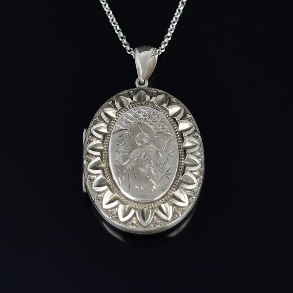Antique Engraved Silver Heron Bird Locket Necklace