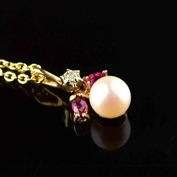 Vintage 14K Gold Pearl Ruby Diamond Pendant Necklace - Boylerpf