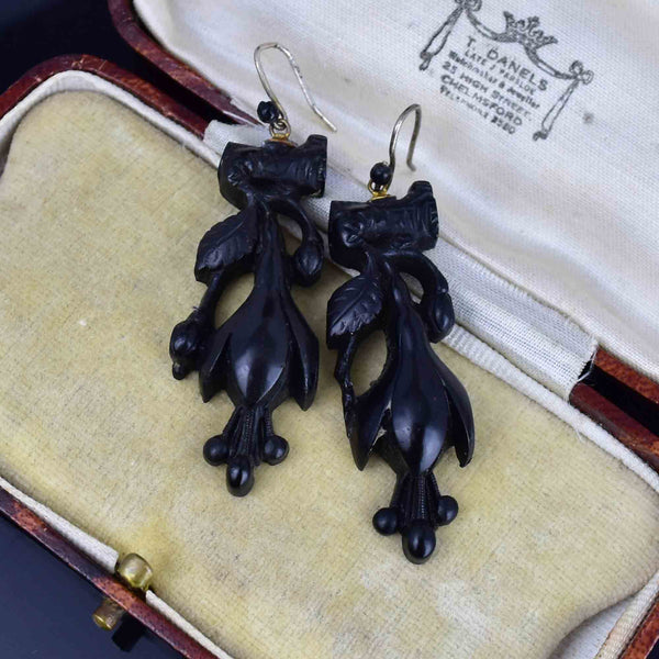 Antique Victorian Whitby Jet Snowdrop Dangle Earrings - Boylerpf