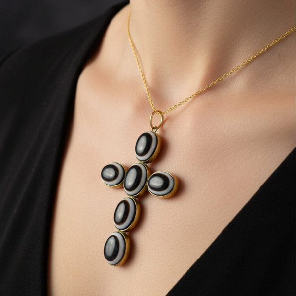 Victorian Bullseye Agate Cross Pendant Pinchbeck Necklace