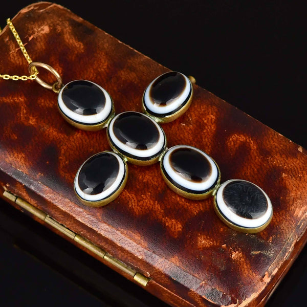 Victorian Bullseye Agate Cross Pendant Pinchbeck Necklace