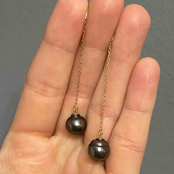 Vintage 14K Gold Black Pearl Threader Earrings - Boylerpf