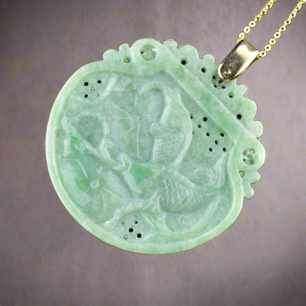 Vintage 14K Gold Carved Jade Fish Lilly Pad Pendant Necklace - Boylerpf