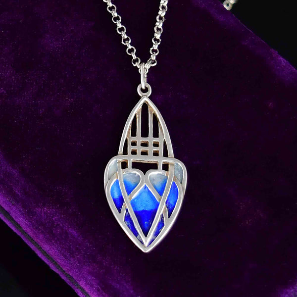 Antique Art Nouveau Silver Blue Enamel Heart Pendant Necklace - Boylerpf