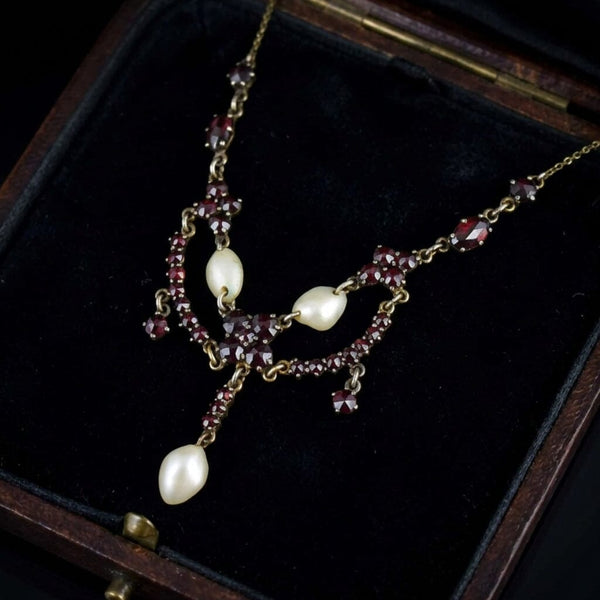 Antique Bohemian Garnet Pearl Victorian Necklace