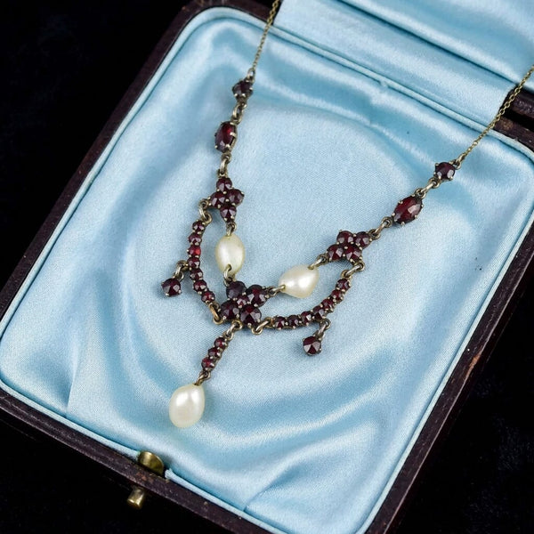 Antique Bohemian Garnet Pearl Victorian Necklace