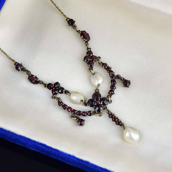 Antique Bohemian Garnet Pearl Victorian Necklace