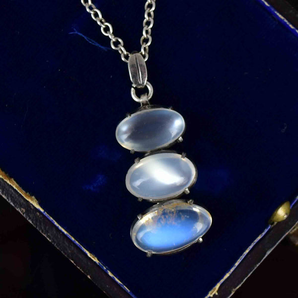 Vintage Articulated Silver Moonstone Cabochon Pendant Necklace - Boylerpf