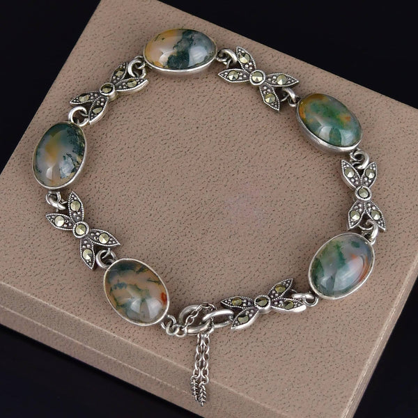 Vintage Moss Agate Marcasite Sterling Silver Bow Link Bracelet - Boylerpf
