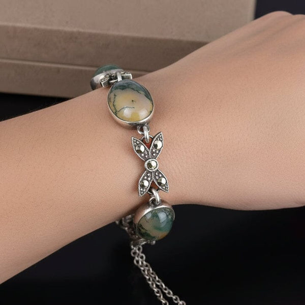 Vintage Moss Agate Marcasite Sterling Silver Bow Link Bracelet - Boylerpf