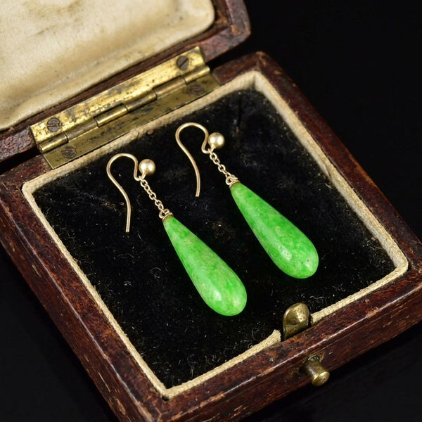 Antique Jade Teardrop Earrings in 9K Gold