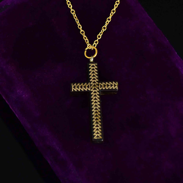 Antique Gold Inlay Pique Cross Pendant Necklace - Boylerpf