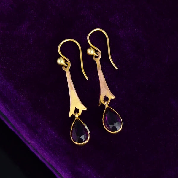 Antique Edwardian Gold Pear Cut Amethyst Drop Earrings - Boylerpf