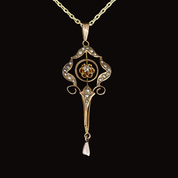 Antique 10K Gold Diamond Seed Pearl Lavalier Necklace