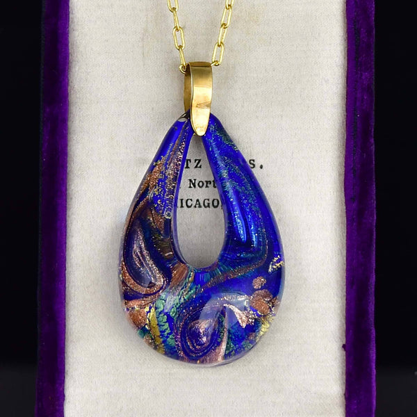 Vintage 9K Gold Blue Murano Glass Necklace