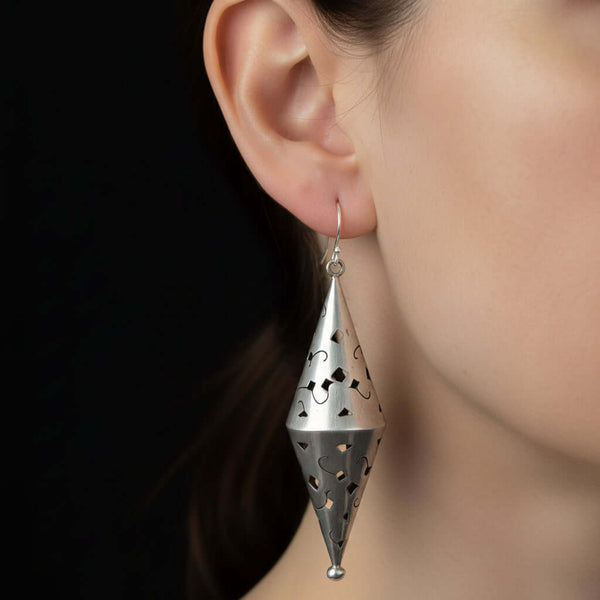 Vintage 3 Inch Sterling Silver Double Cone Cutout Earrings