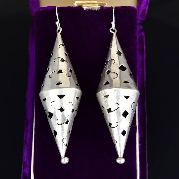 Vintage 3 Inch Sterling Silver Double Cone Cutout Earrings