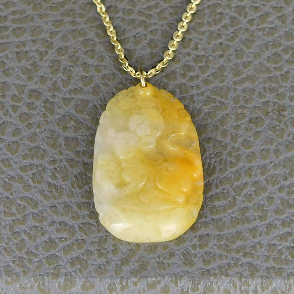 Vintage Gold Carved Yellow Jade Year of The Rat Necklace