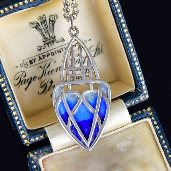 Antique Art Nouveau Silver Blue Enamel Heart Pendant Necklace - Boylerpf