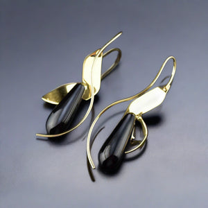 14K Gold Petal Black Onyx Drop Earrings - Boylerpf