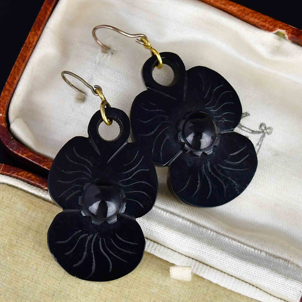Antique Victorian Carved Whitby Jet Pansy Earrings - Boylerpf