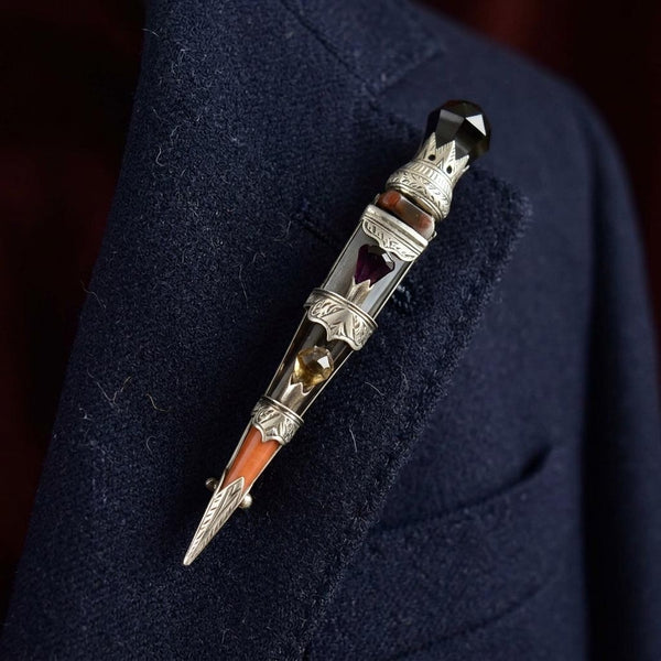 Victorian Scottish Agate Smoky Quartz Dirk Brooch