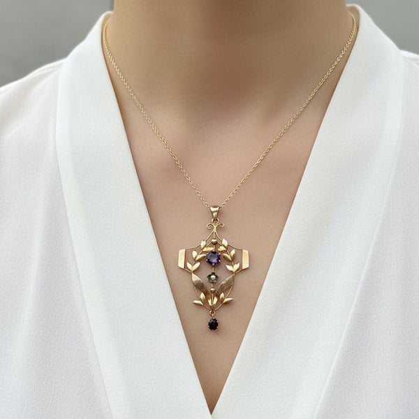 Antique Edwardian Gold Amethyst Seed Pearl Pendant - Boylerpf