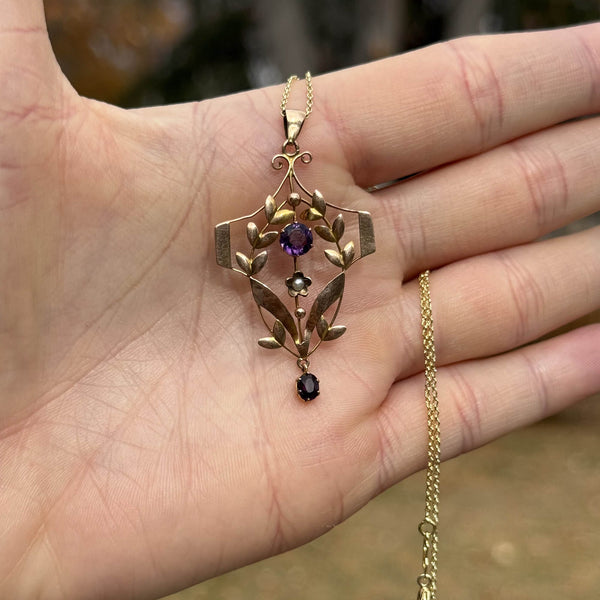 Antique Edwardian Gold Amethyst Seed Pearl Pendant - Boylerpf
