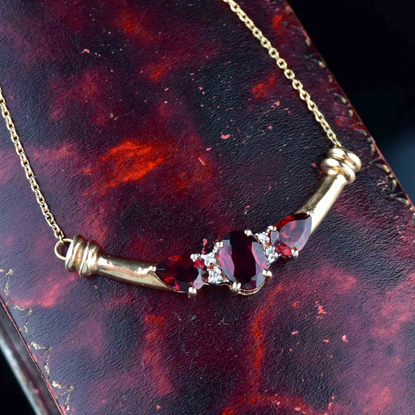 Vintage 10K Gold Garnet Diamond Bar Pendant Necklace - Boylerpf