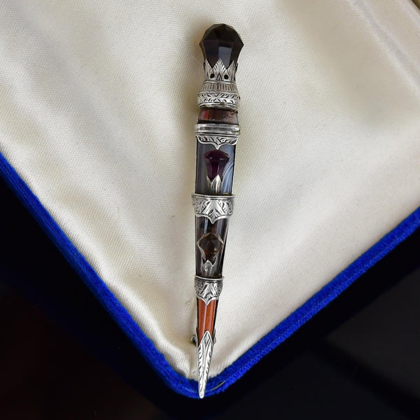 Victorian Scottish Agate Smoky Quartz Dirk Brooch