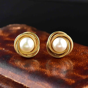 Vintage 14K Gold Love Knot Pearl Stud Earrings - Boylerpf