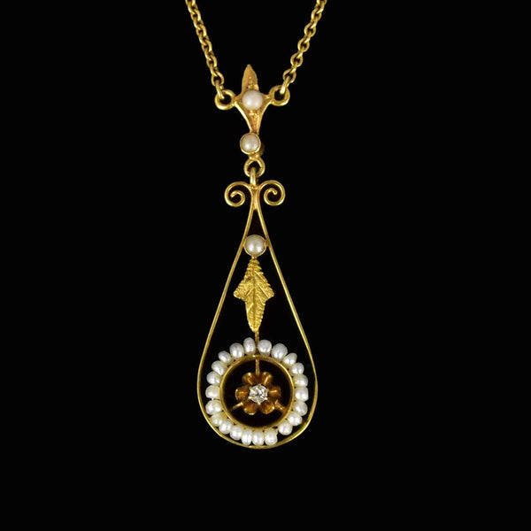 Antique Gold Diamond Seed Pearl Target Lavaliere Necklace - Boylerpf