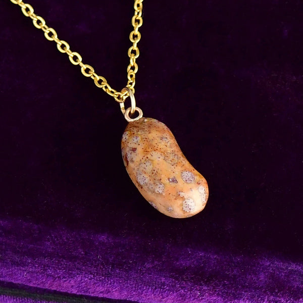 Vintage Gold Marbled Agate Lucky Bean Charm Pendant Necklace