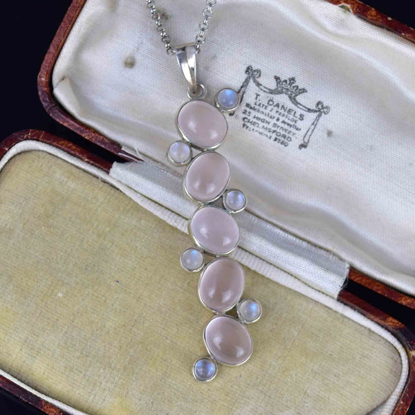 Sterling Silver Rose Quartz Moonstone Drop Pendant Necklace - Boylerpf