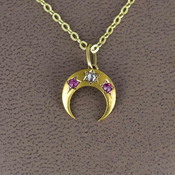 Antique 14K Gold Ruby Diamond Crescent Moon Pendant Necklace - Boylerpf