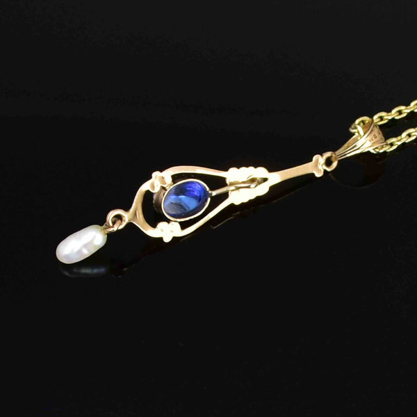 18K Gold Art Nouveau Blue Sapphire Pearl Lavaliere Necklace - Boylerpf