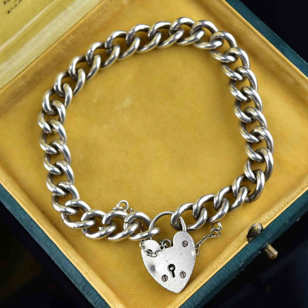 Antique Silver Heart Padlock Curb Chain Bracelet - Boylerpf