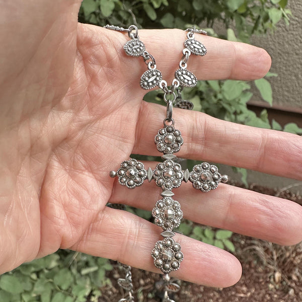Antique Victorian Cut Steel Cross Pendant Fringe Necklace