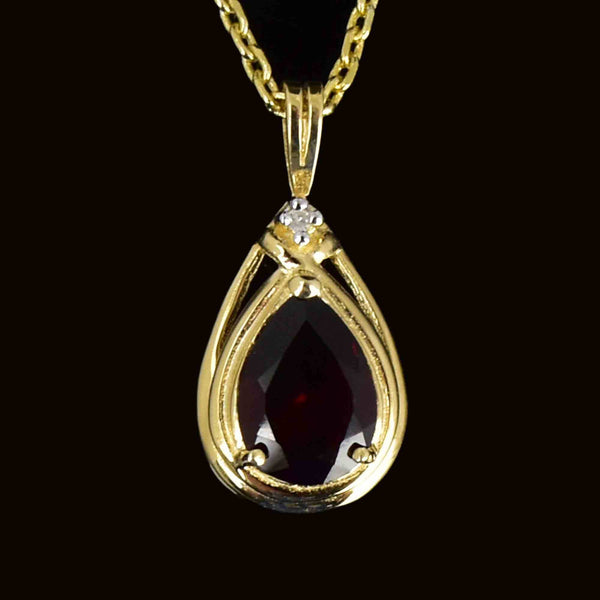 Vintage 10K Gold Pear Cut Garnet Diamond Pendant Necklace - Boylerpf