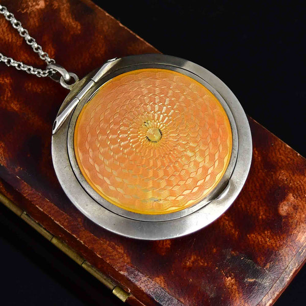 Art Deco Silver Guilloche Enamel Powder Compact Pendant - Boylerpf