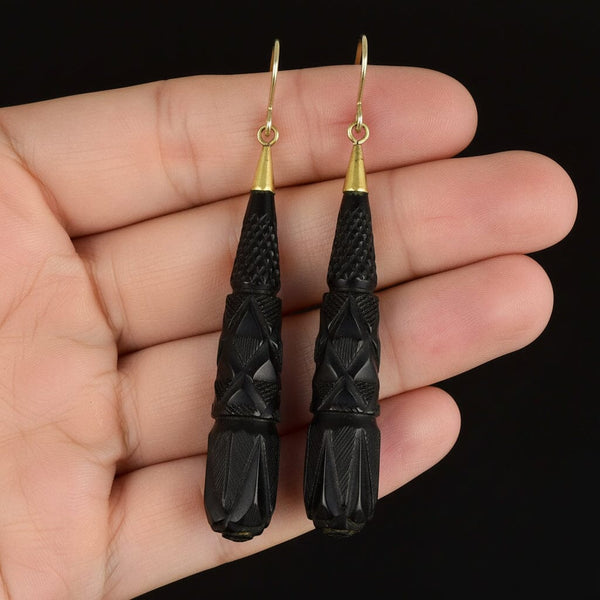 Victorian 9K Gold Carved Whitby Jet Earrings