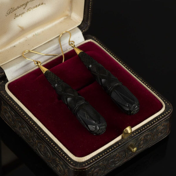 Victorian 9K Gold Carved Whitby Jet Earrings
