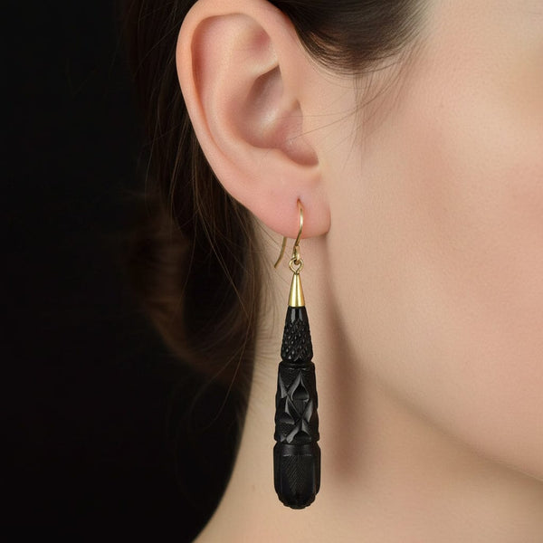Victorian 9K Gold Carved Whitby Jet Earrings