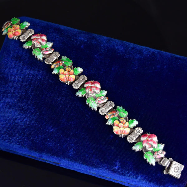 Antique Floral Enamel Sterling Silver Bracelet