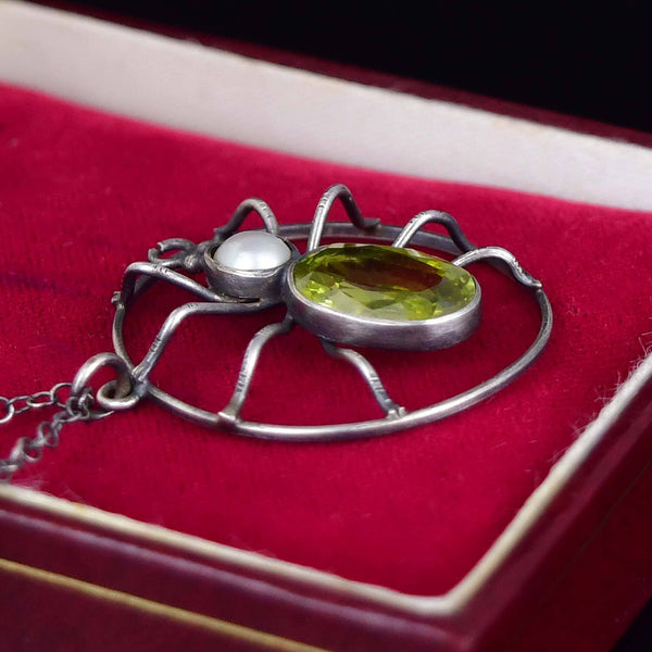 Antique Sterling Silver Peridot Pearl Spider Necklace