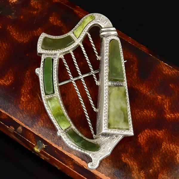 Antique Victorian Irish Connemara Marble Lyre Harp Brooch