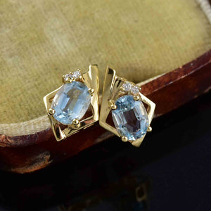 Vintage 14K Gold Aquamarine Diamond Stud Earrings - Boylerpf