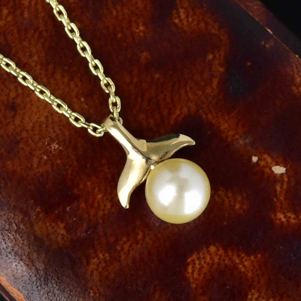 Vintage 10K Gold Whale Tail Na Hoku Pearl Pendant Necklace - Boylerpf